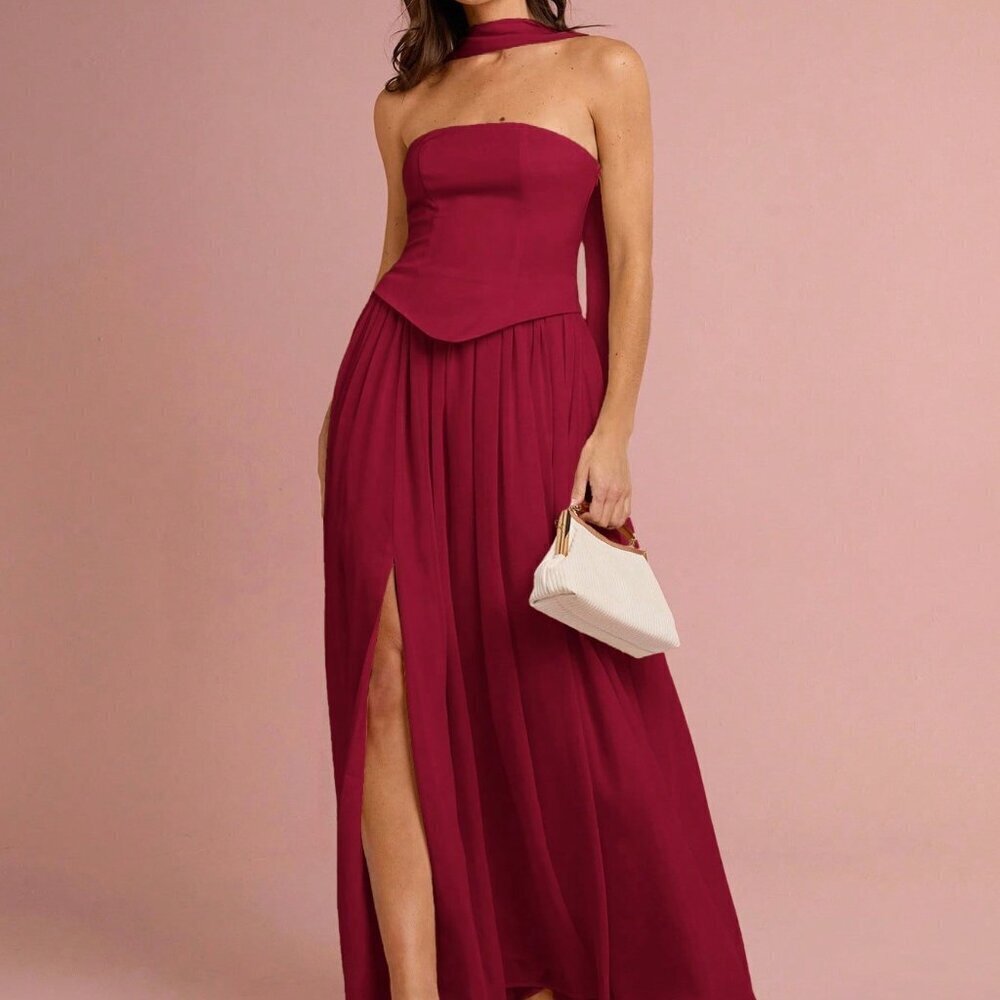 Burgundy Elegant Women's Minimalist Casual Split Hem Dress